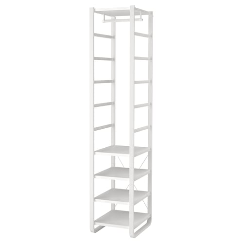 White ELVARLI storage unit with shelves, rail, aluminium frame, adjustable.