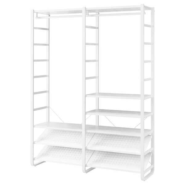 A white ELVARLI storage system. It multiple shelves and a clothes rail, with a modular and adjustable design for versatile use.