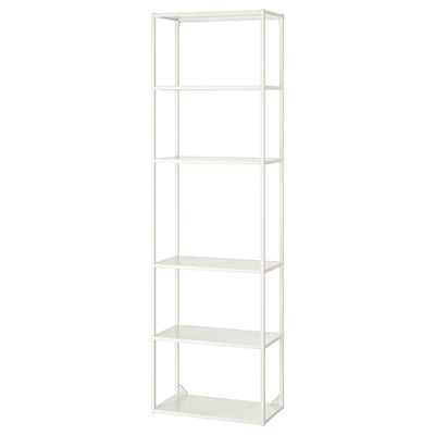 ENHET tall white metal shelf unit: 5 open shelves, modern, sleek design, metal frame.