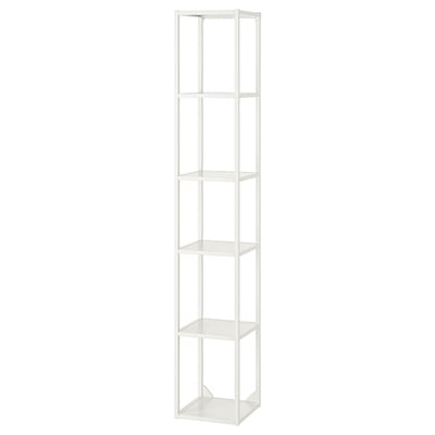 A white ENHET storage shelf with five clear glass shelves, designed for kitchen, bath, or laundry organisation.