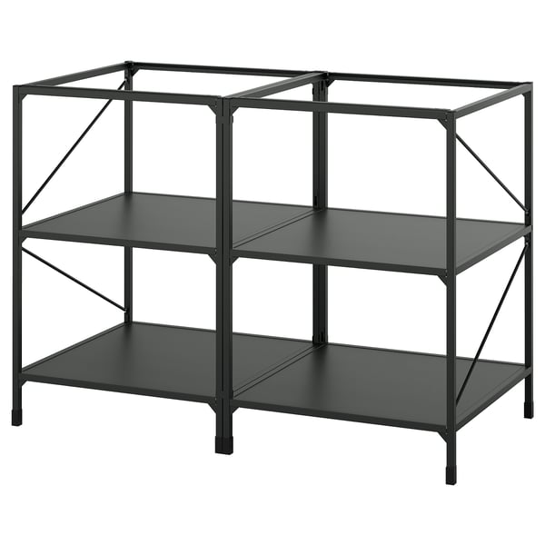 Black metal kitchen island frame with three open shelves. Modern, industrial design.