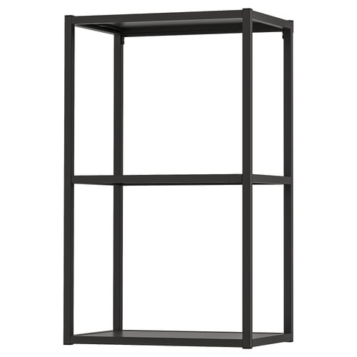 Black ENHET metal storage shelf with 2 open sections, sleek modern design.