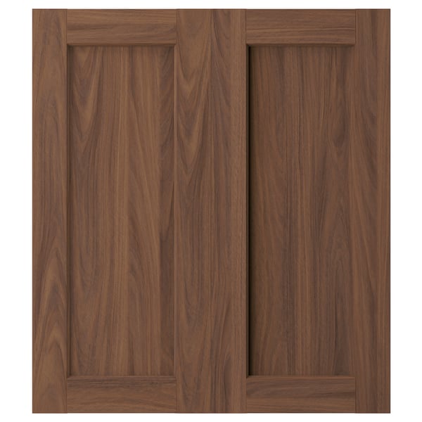 ENKÖPING brown wooden cabinet doors. Classic framed design with walnut grain. Perfect for kitchen or storage.