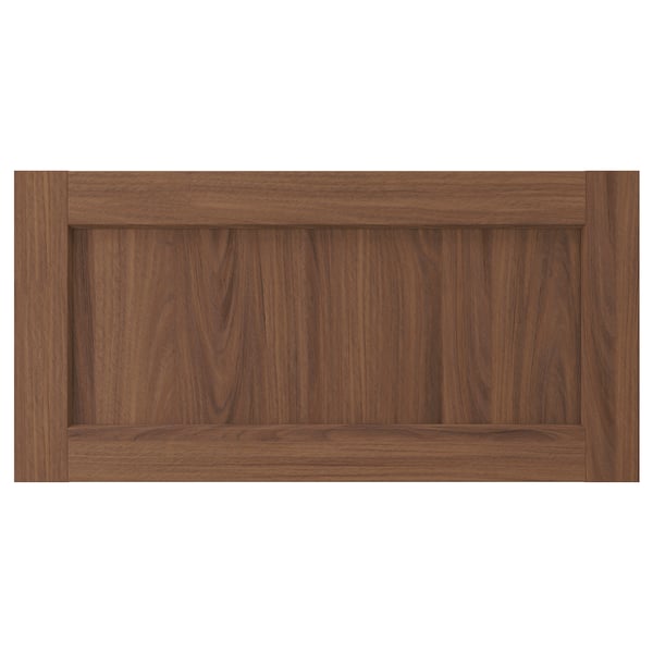 Brown walnut ENKÖPING cabinet door, framed with woodgrain foil for durability and easy cleaning.