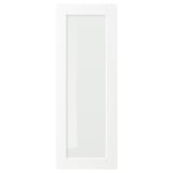 A white ENKÖPING cabinet door with a frame and clear glass panel in the centre, featuring a sleek and minimalist design.