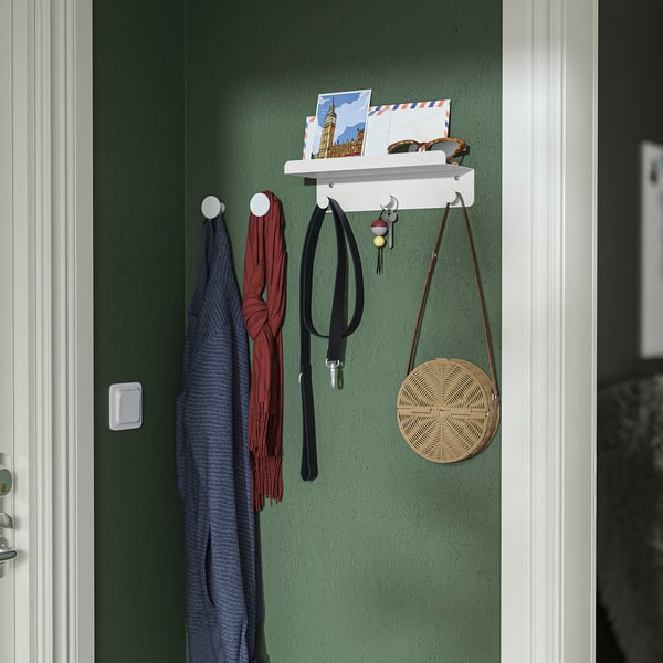 ENUDDEN Wall shelf with 3 hooks, white, 11 3/4x3 1/8 "