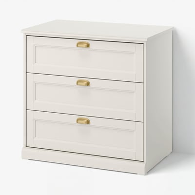 A white FÅGELFJÄLLET chest with brass handles, featuring three drawers for storage.
