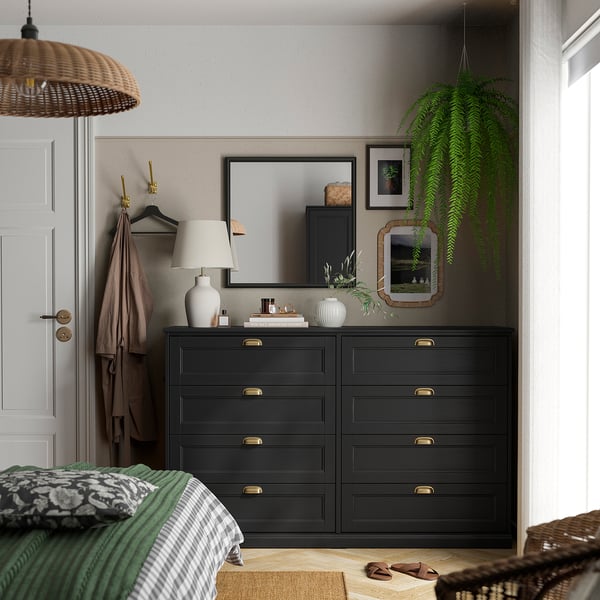 FÅGELFJÄLLET 8 drawer chest, black oak effect, 63x20 1/8x39 3/4 "
