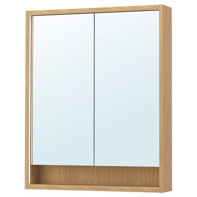 Faxavelen mirror cabinet: light wood, rectangular, mirrored doors, built-in lighting.