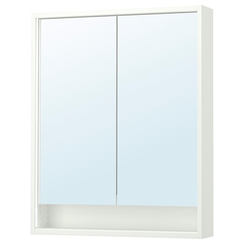 White FAXÄLVEN mirror cabinet with built-in lighting and adjustable shelf for bathrooms.