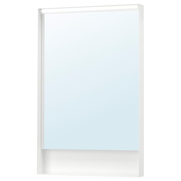 The faxaven mirror a sleek, rectangular frame with built-in lighting, offering a modern, minimalist design.