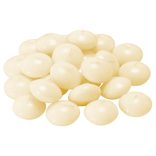 Image shows a cluster of 24 yellow FENOMEN floating candles. They are round with smooth surfaces and small wicks.