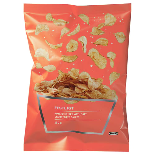 Bright red potato crisp bag from IKEA, labelled FESTLIGT, with salt flavour, shown with crisps spilling out.