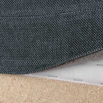 Three fabric samples displayed: dark grey, light grey with fastener, beige with rough texture.