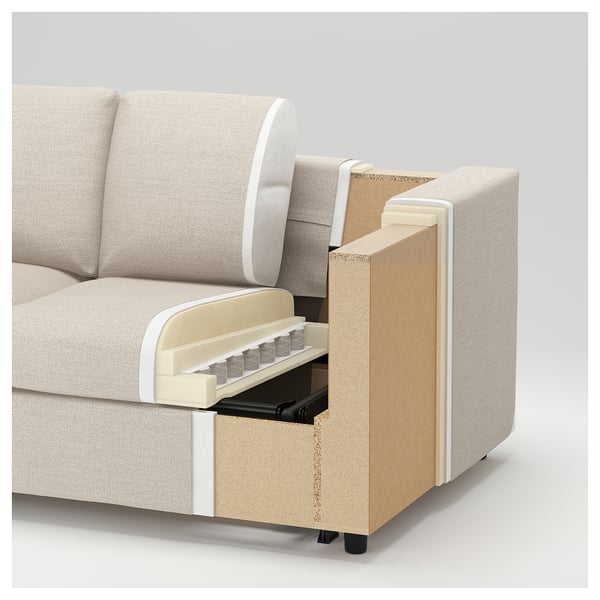 Cross-section of sofa showcasing layers: fabric, foam, wood, plastic legs.