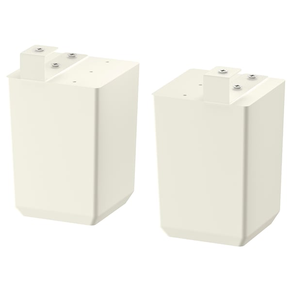 Two white adjustable cabinet legs, each with a simple square shape and metallic screws at the top for secure attachment.