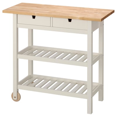 A FÖRHÖJA white/birch kitchen cart with wooden top, two drawers, and bottle shelves on wheels.