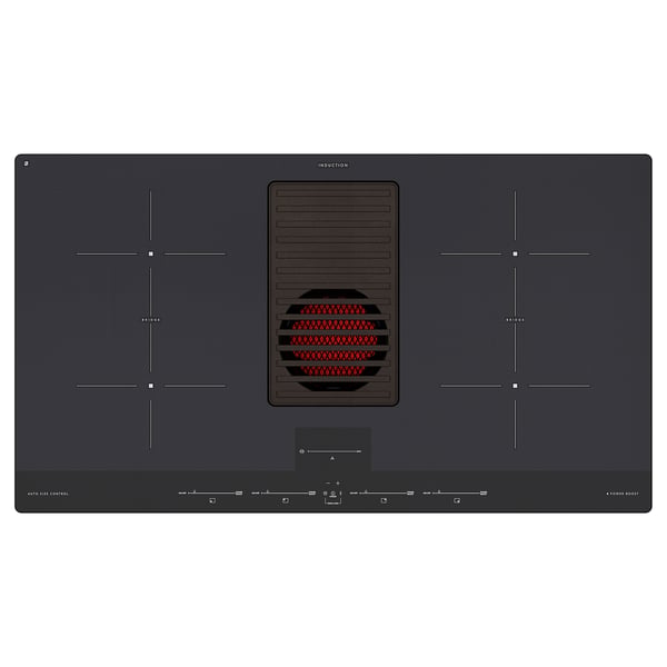 Black sleek induction cooktop with integrated, automatic extractor, 4 zones, touch controls.