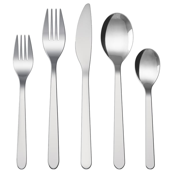 Five metallic utensils: two forks, a knife, a tablespoon, and a teaspoon, arranged side by side in silver stainless steel, sleek and modern design.