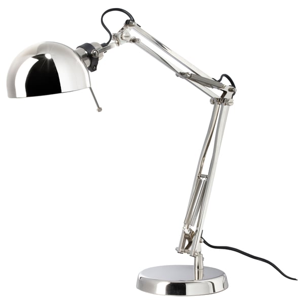Modern silver adjustable desk lamp with spherical shade, flexible arm, and round base. Ideal for reading.