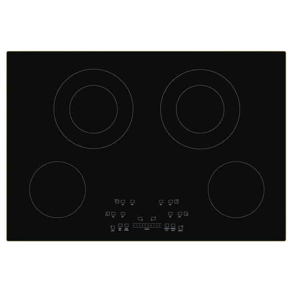 A black electric cooktop with 4 burners and a digital control panel. Its sleek, modern, and has touch control for heat adjustment.