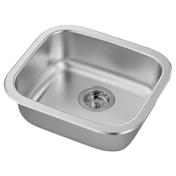 Stainless steel kitchen sink, rectangular shape, single basin, polished finish, includes drain strainer.