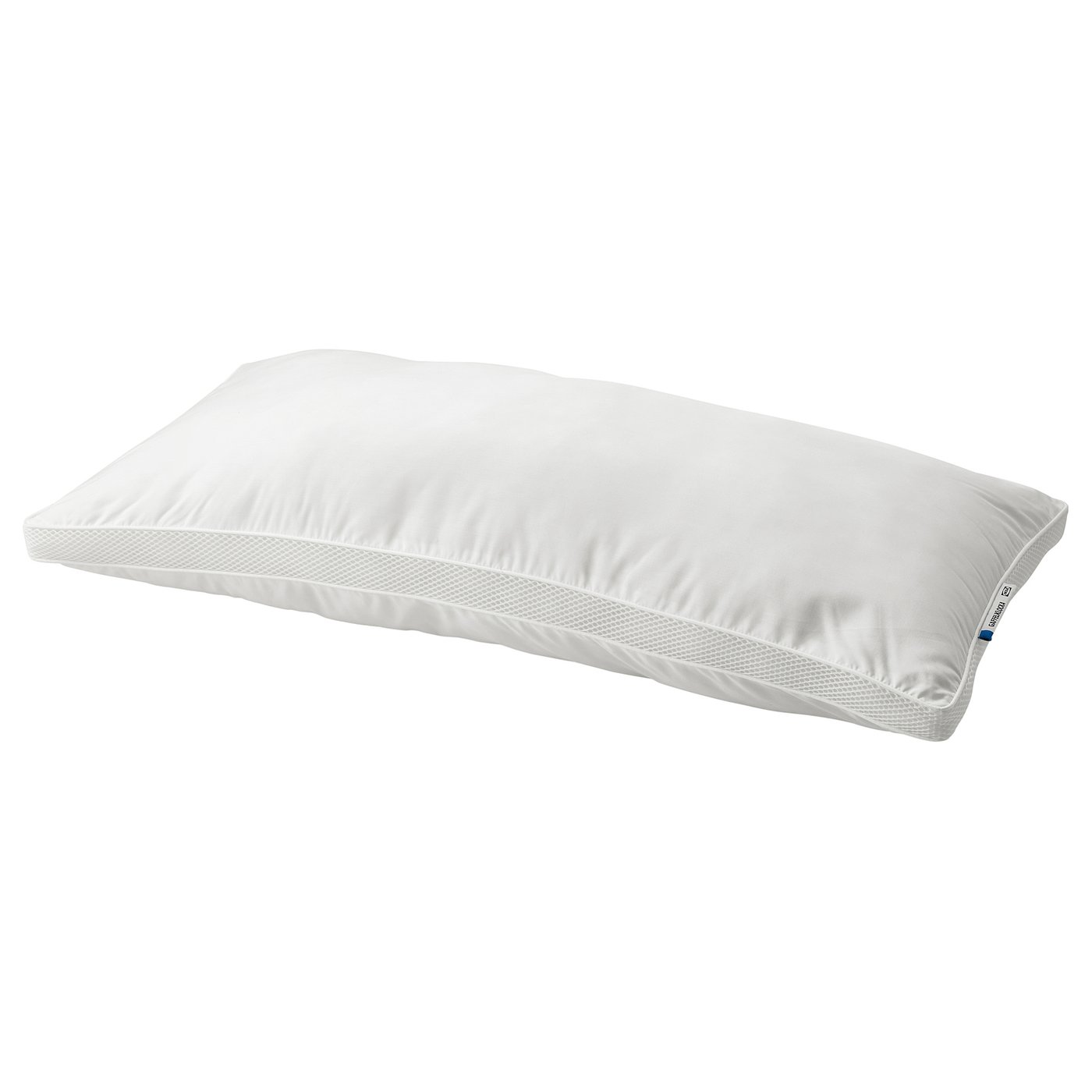 White GAFFELKLOCKA pillow, soft, low-profile, recycled, mesh sides.