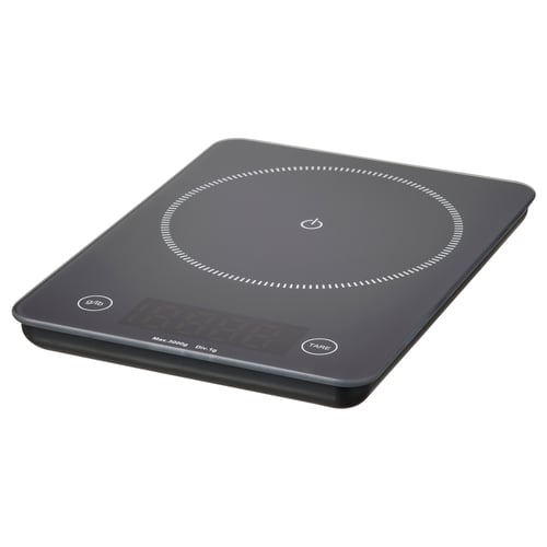 GENOMSNITT digital kitchen scale, black, glass top, rectangular, digital display.