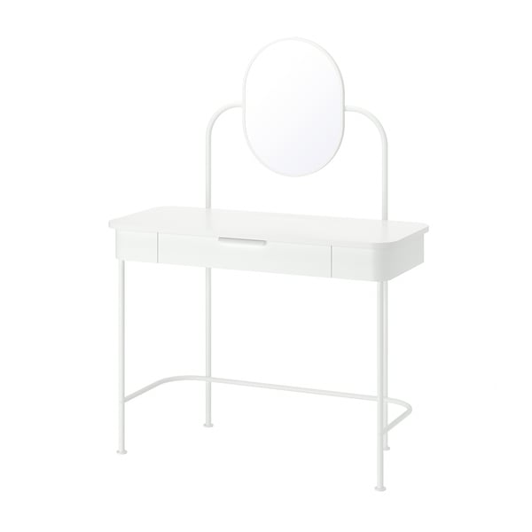 GRÅFJÄLLET white dressing table with mirror & 3 drawers, minimalist design.