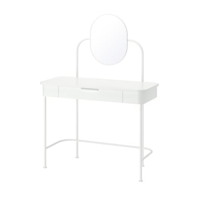 GRÅFJÄLLET white dressing table with mirror & 3 drawers, minimalist design.