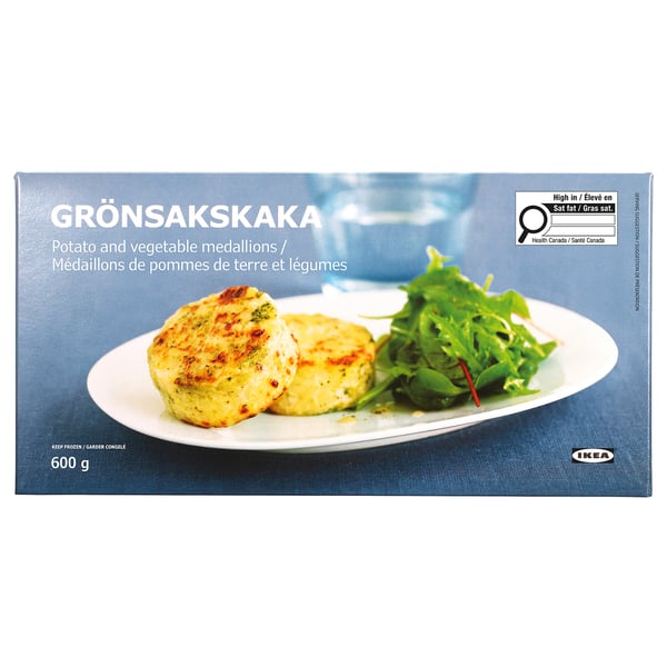 IKEA box of GRÖNSAKSKAKA potato and vegetable medallions.