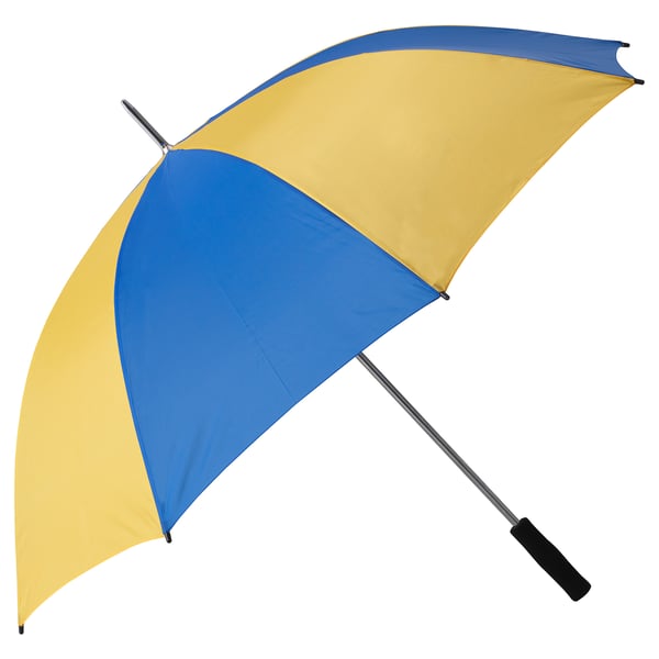 Ikea GRÖSSBY umbrella, yellow and blue, sturdy, open shape, two-tone color block design.