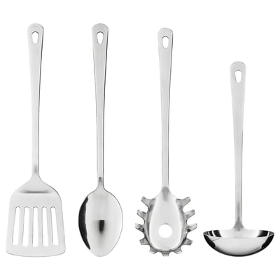 Four stainless steel kitchen utensils: spatula, spoon, skimmer, and ladle, arranged in a line on a white background.