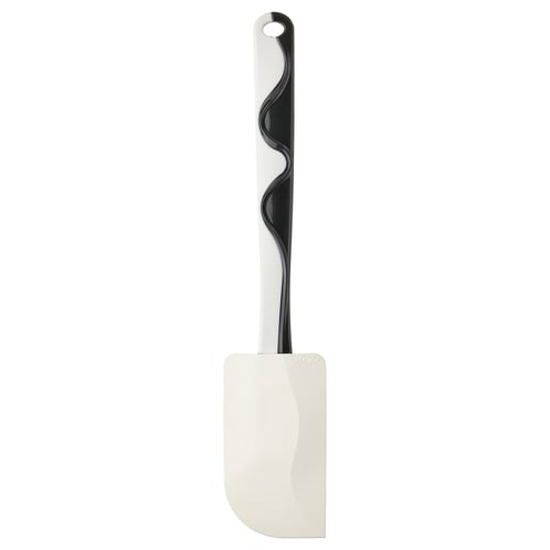 Black and white spatula, curved handle, silicone blade, kitchen tool.