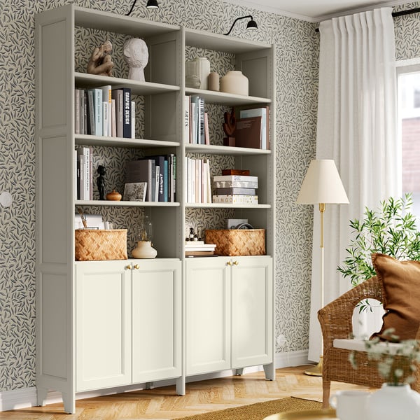 GULDDRAGARE Storage combination, beige/with 4 doors with shelves, 62 3/4x14 3/8x84 7/8 "