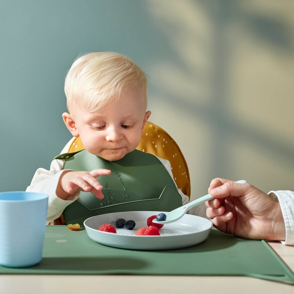 A toddler wearing a green silicone bib with a yellow pocket, eating berries from a white dish with an adult feeding them using a light blue spoon.