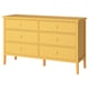 A yellow GULLABERG six-drawer chest. Made from particleboard and acrylic paint, it a rectangular shape with tapered legs and simple, clean lines.