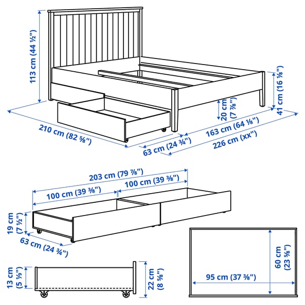 GULLABERG Bed frame with 2 storage boxes, gray/Luröy, Queen