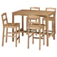 Natural wood rectangular dining table and four chairs, light brown finish. Simplistic design with sturdy, sprawling legs.