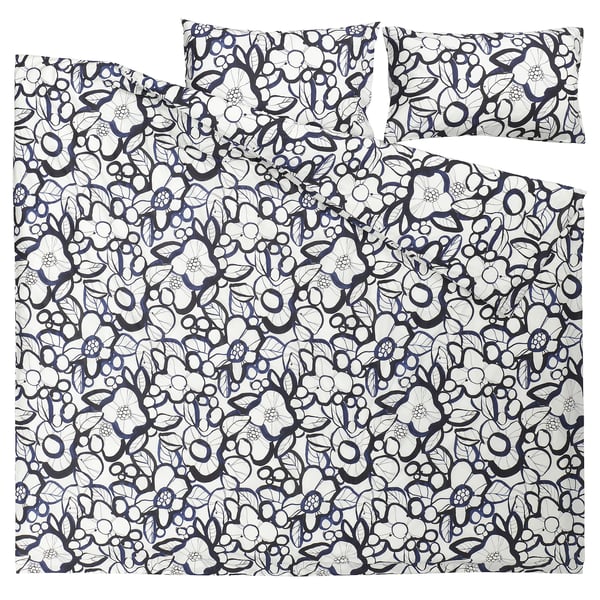 HÄRLIR duvet and pillowcases, blue-white floral print, rectangular, cotton/lyocell blend.