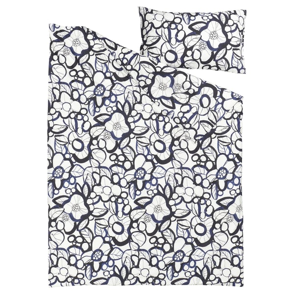 HÄRLIR duvet set, black/blue floral, cotton/lyocell blend, soft & breathable, includes large rectangle and small square pieces.