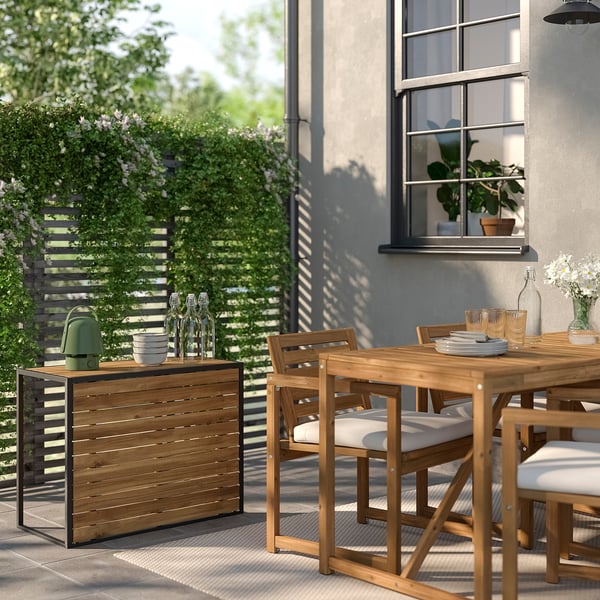 Modern HÅKANSKÄR flip-table with chairs. Wood, metal, low or high. Fenced, large window.