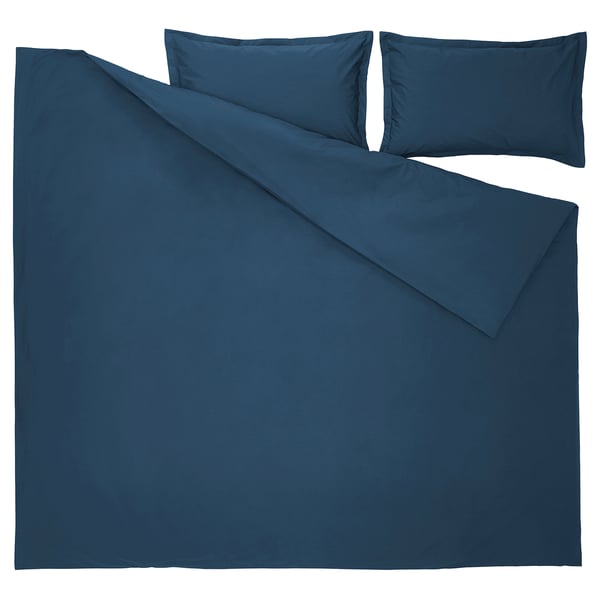 A HAMPFLOCKEL duvet set in dark blue, made of 100% cotton. It includes a duvet cover and two pillowcases with a simple, elegant design.