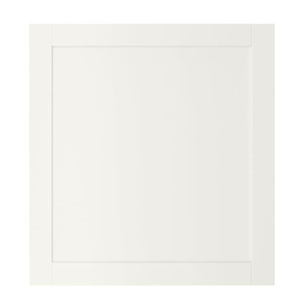 White HANVIKEN cabinet door, rectangular shape, simple design. Made of fibreboard, paper foil, plastic edging. Adds natural warmth to storage.