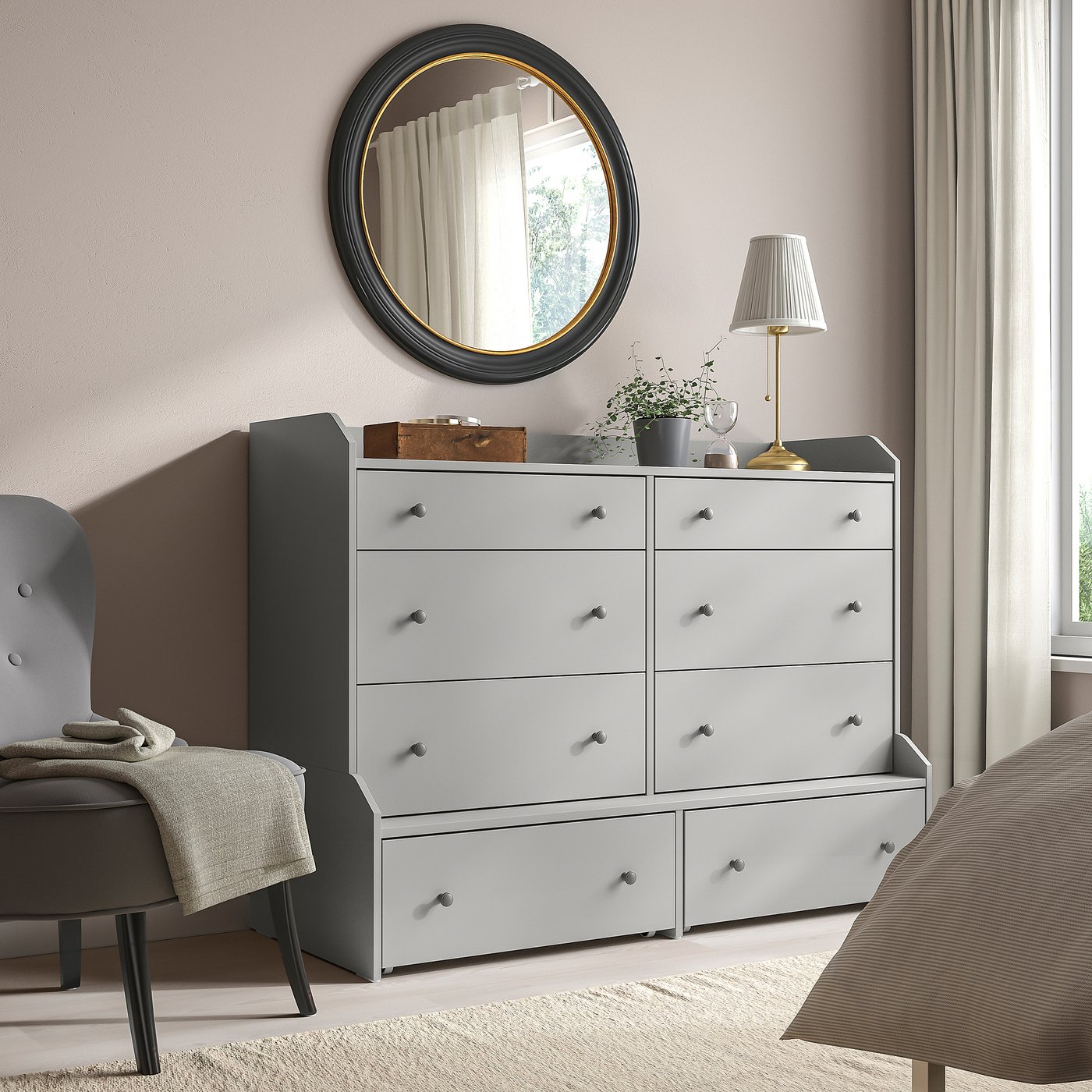 Grey HAUGA chest with 6 drawers & mirror.