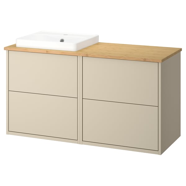 Modern cream-colored bathroom vanity with wooden top and ceramic sink. Elegant and simple design.