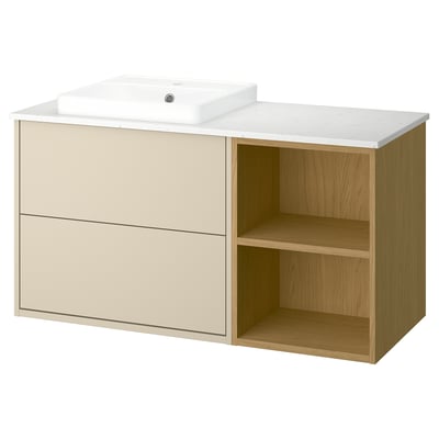 HAVBÄCK vanity: light beige drawers, open shelves, marble countertop, white sink.