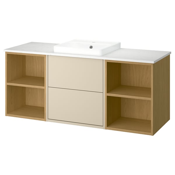 Displays a HAVBÄCK light brown wooden vanity with beige drawers, a white marble countertop, and a square white ceramic basin.