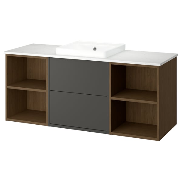 Modern wall-mounted bathroom vanity in dark grey and wood, with open and closed storage, and a white marble countertop.