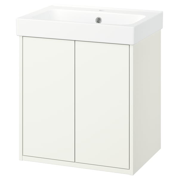 White wall-mounted bathroom cabinet with single sink, simple design.